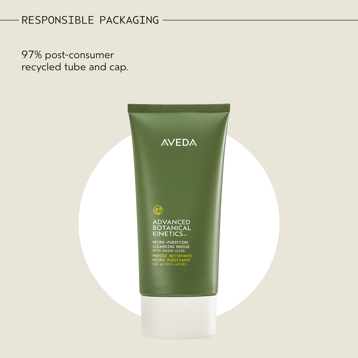 Aveda bottle next to a hand for scale, visualizes the 5 fl oz travel-friendly size