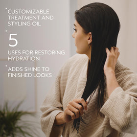 Aveda Nutriplenish oil texture on fingertip highlighting silky absorption and lightweight hydration