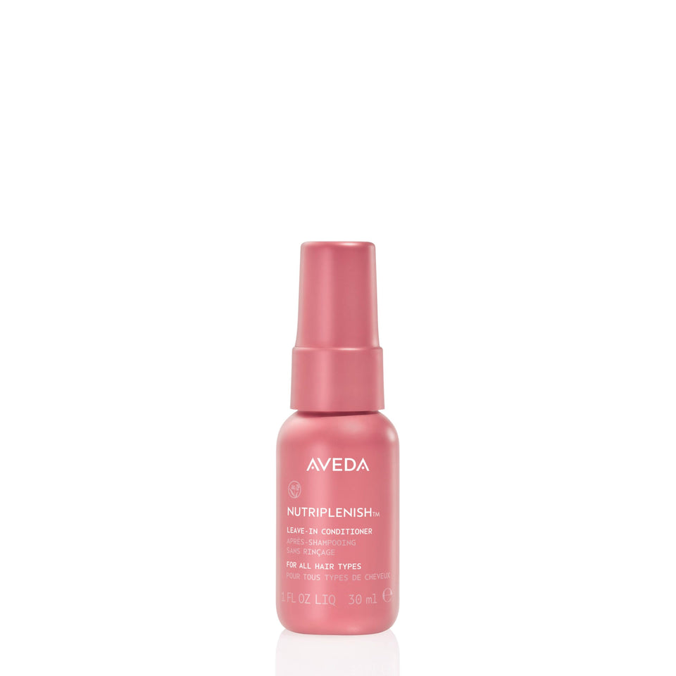 Aveda Nutriplenish front packaging showing compact travel bottle and brand
