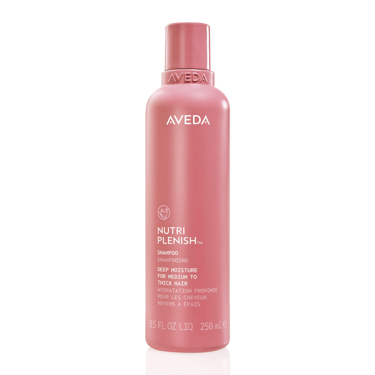 Aveda Nutriplenish shampoo front bottle showing brand, clear hydration benefit