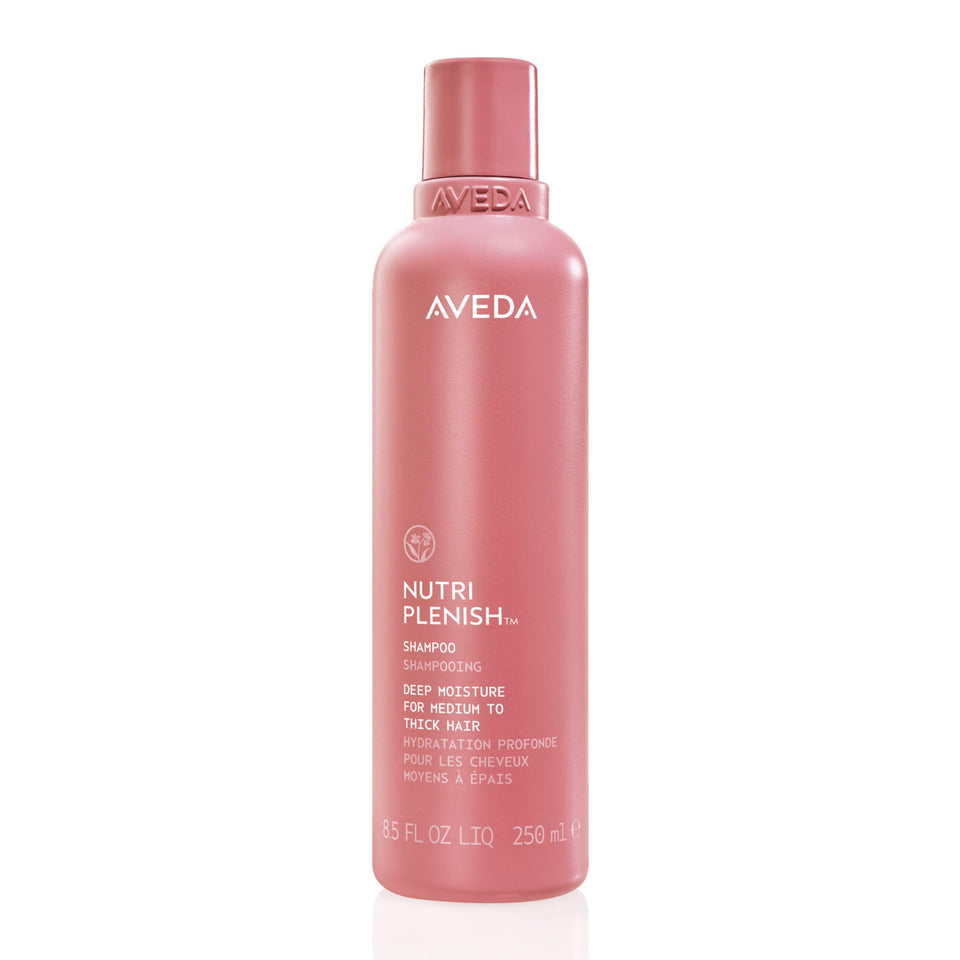 Aveda Nutriplenish shampoo front bottle showing brand, clear hydration benefit