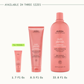 Aveda 8.5 oz bottle beside common items showing true size and portability benefit