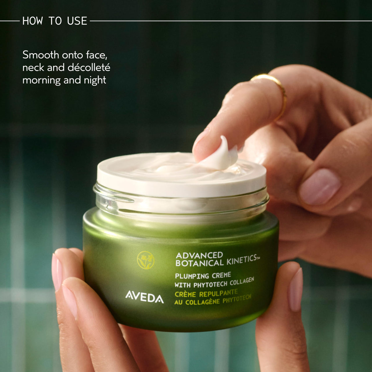 Aveda label closeup displaying ingredients and vegan certification benefits