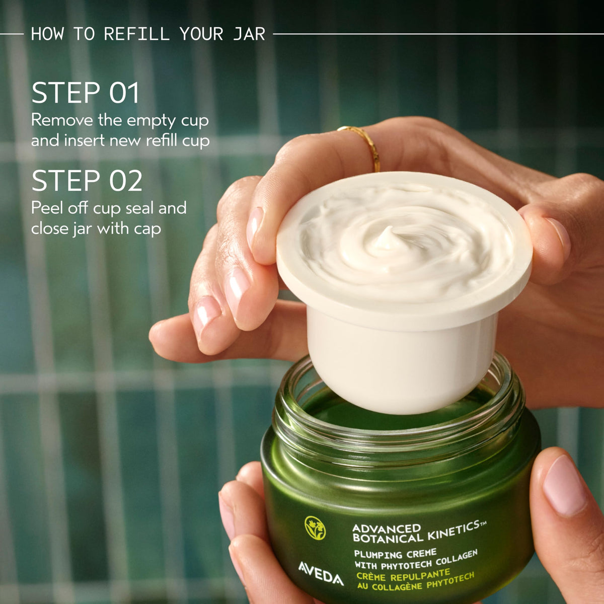 Aveda jar beside ruler to show 1.7 fl oz full-size volume and portability