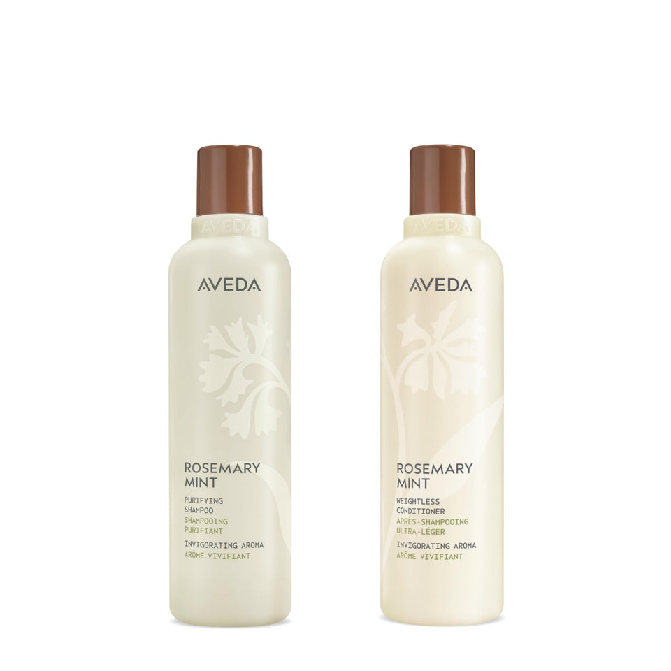 Aveda front packaging showing the purifying shampoo and conditioner set and refreshing scent