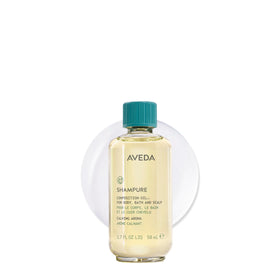 Aveda Shampure front packaging showing calming bottle and label benefit