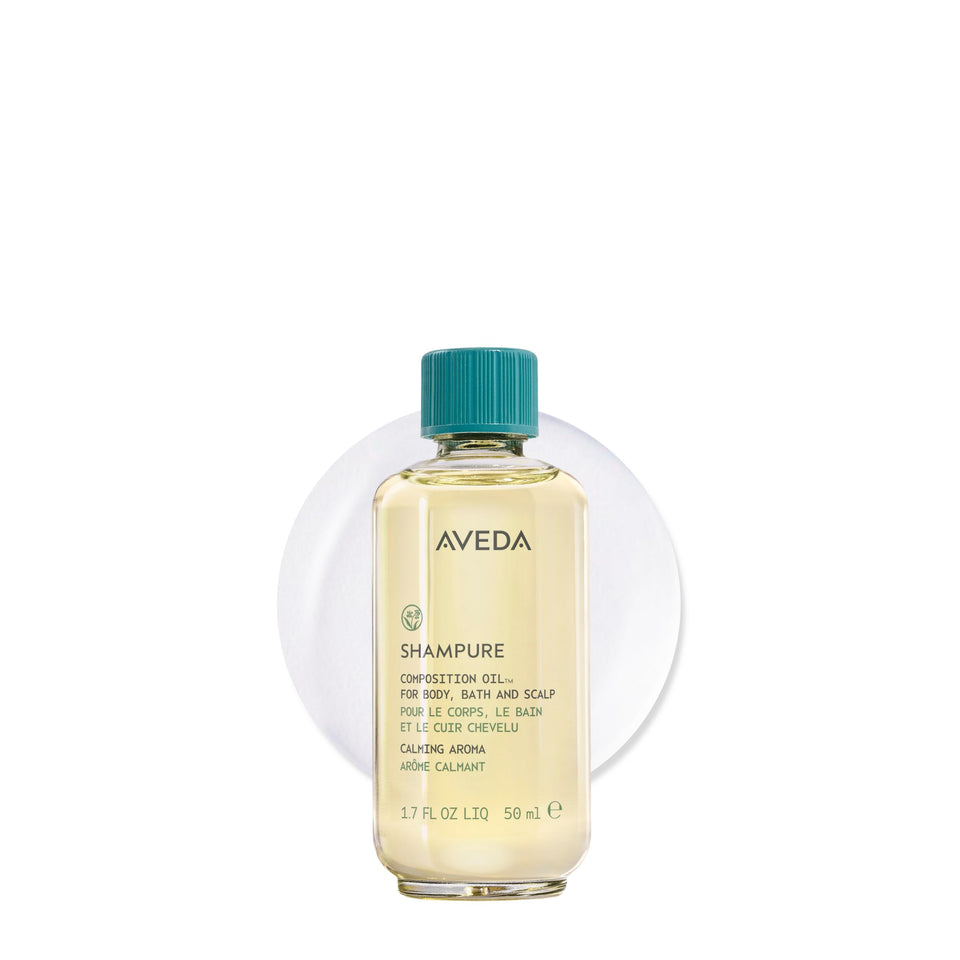 Aveda Shampure front packaging showing calming bottle and label benefit