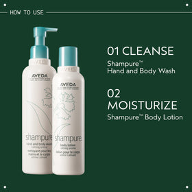 Aveda Shampure next to a smaller travel bottle for refill-friendly size benefit
