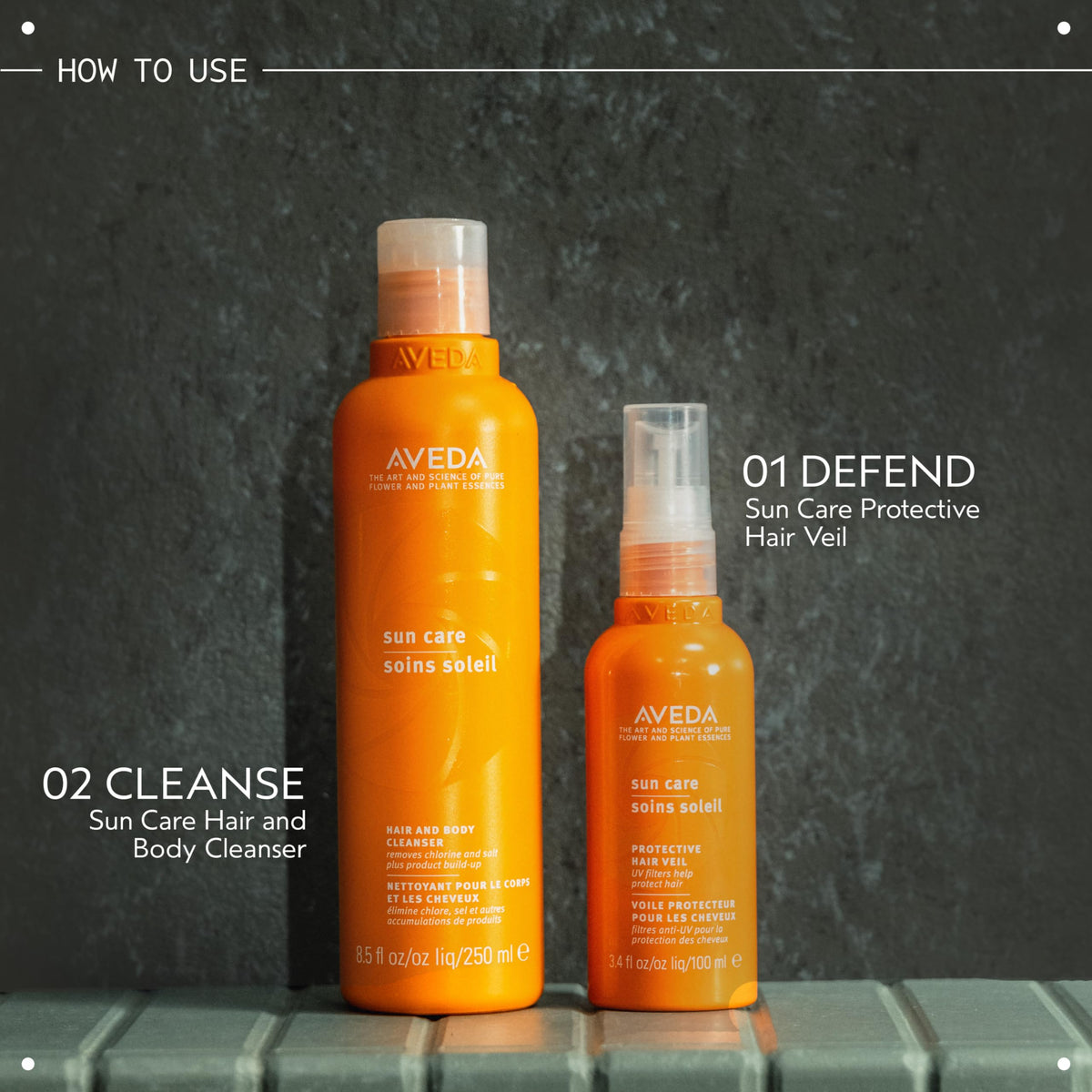 Aveda bottle in hand showing 8.5 fl oz size for travel convenience
