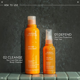 Aveda bottle in hand showing 8.5 fl oz size for travel convenience