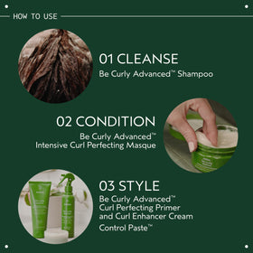 Aveda Be Curly bottle next to a hand for scale to show the 6.7 fl oz size and portability