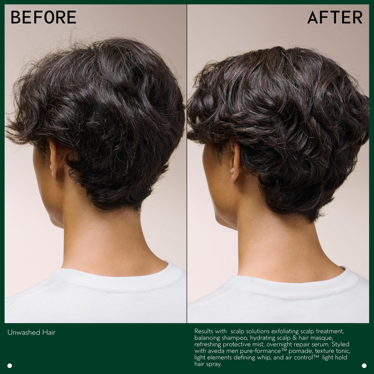 Aveda styling short hair before and after demonstrating defined, controlled finish