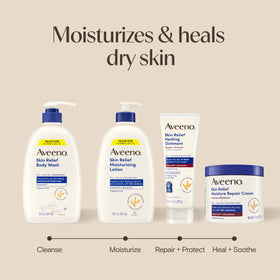 Aveeno on bathroom counter lifestyle scene promoting everyday skincare routine