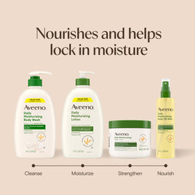 Aveeno bottle in bathroom lifestyle scene showing daily routine benefit