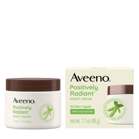 Aveeno before-and-after concept flatlay suggesting improved skin radiance