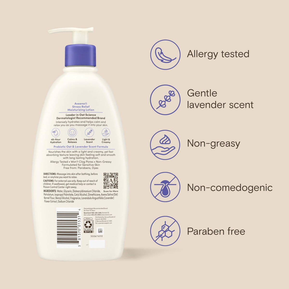 Aveeno back label image showing ingredients and dermatologist-recommended claims