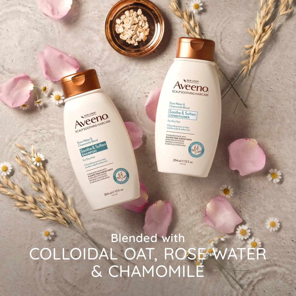 Aveeno bottle beside roses and chamomile, illustrating natural floral ingredients