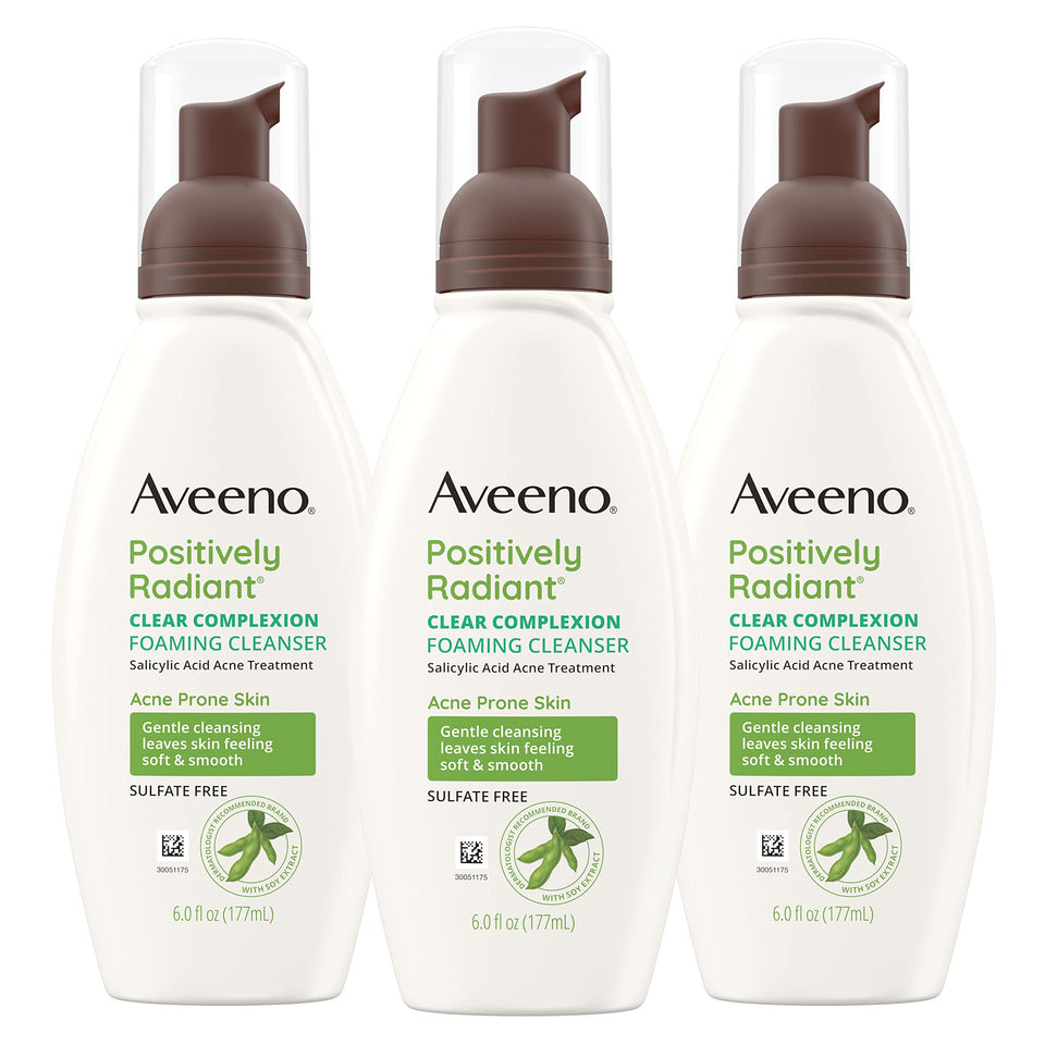 Aveeno front packaging showing cleanser and benefits for clearer skin