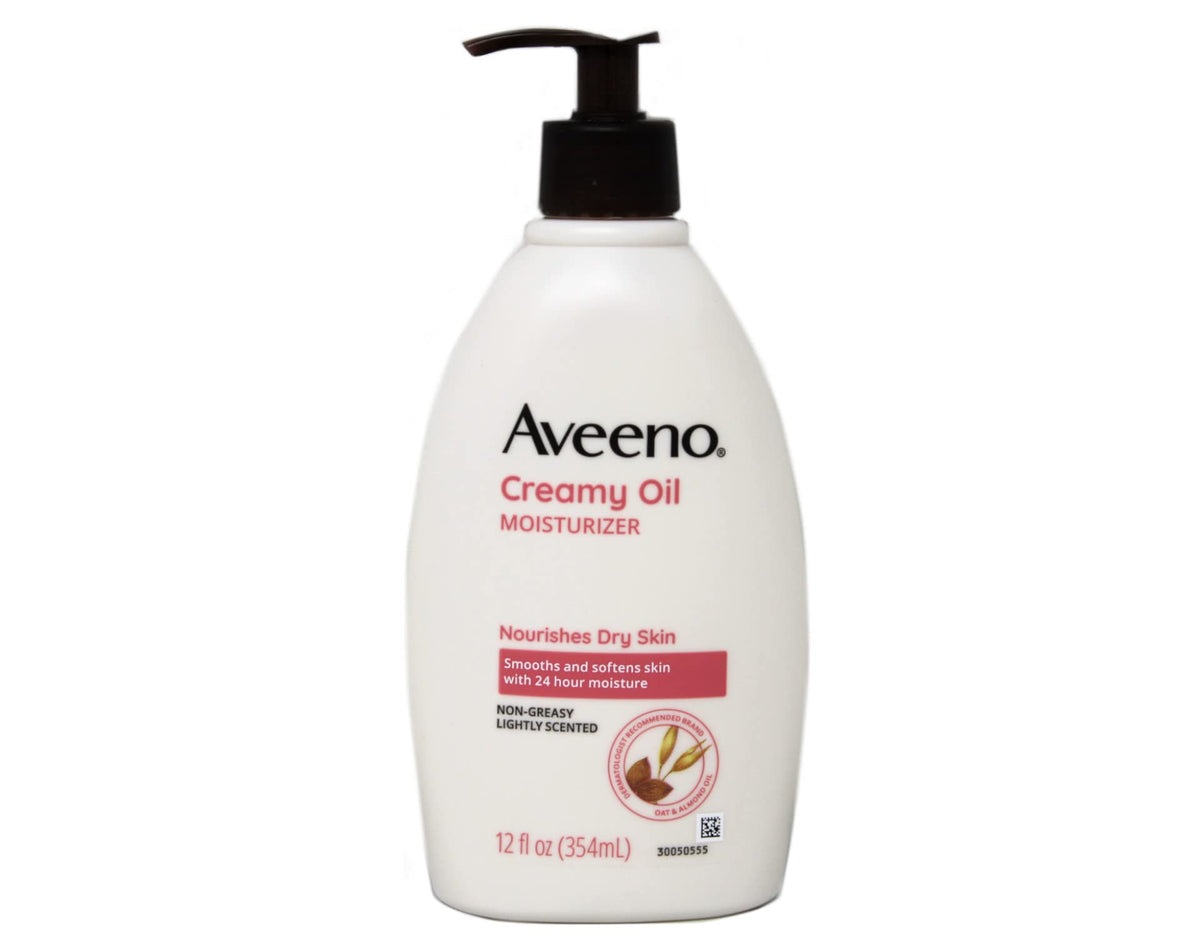 Aveeno front packaging showing bottle and label, highlighting portable 12oz size