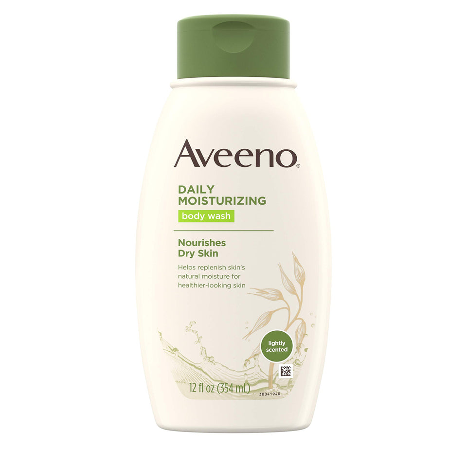 Aveeno front packaging showing bottle and brand for trusted daily care