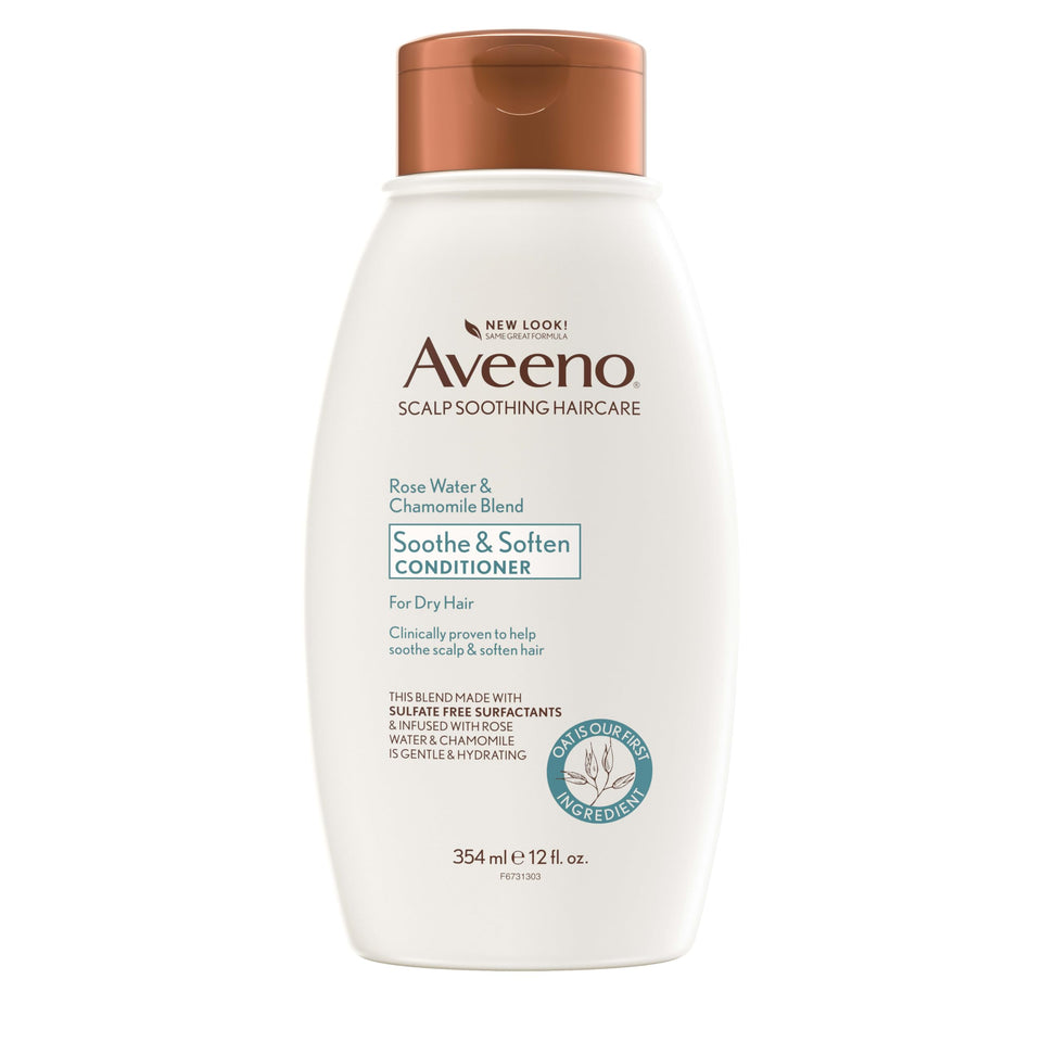 Aveeno front bottle showing product name and calming design for gentle care