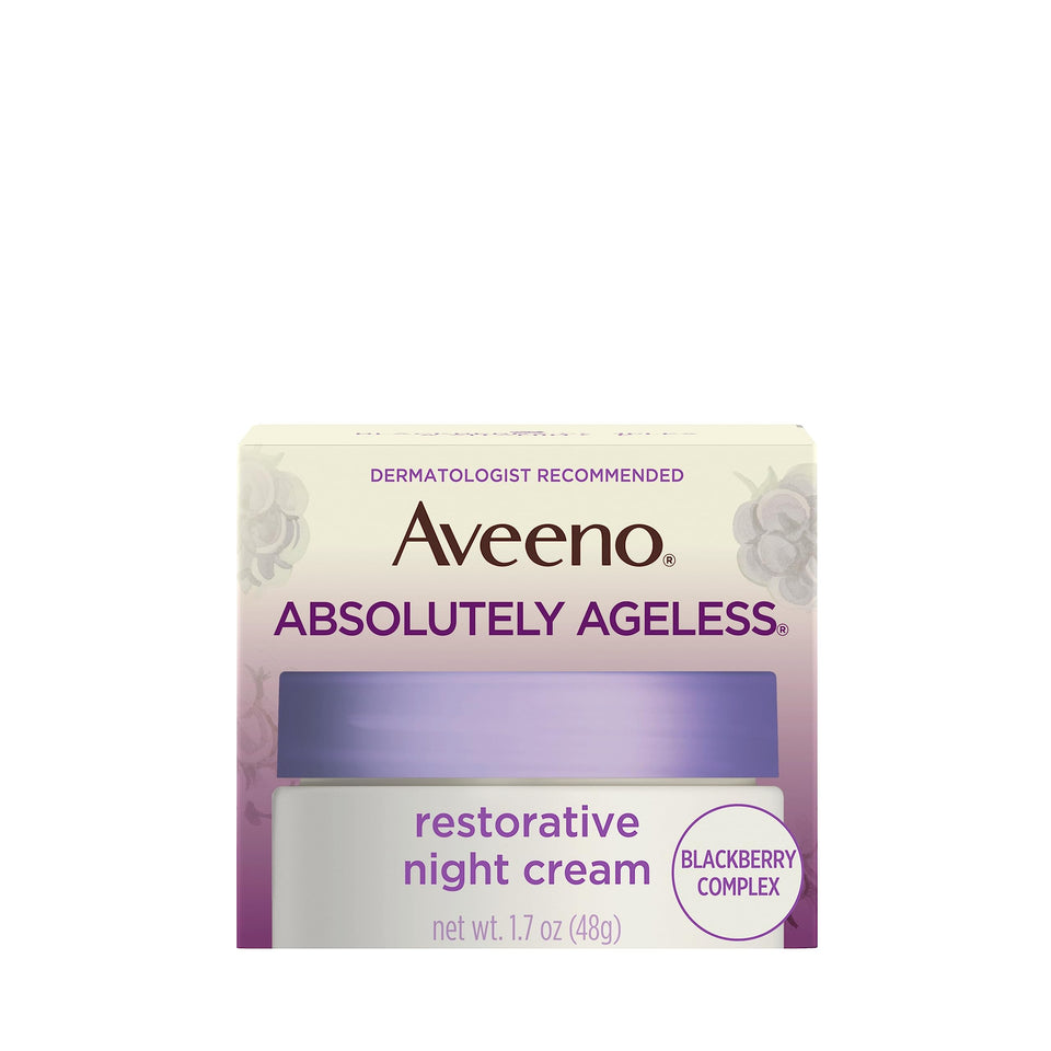 Aveeno jar front view showing product and benefits in a bedside setting