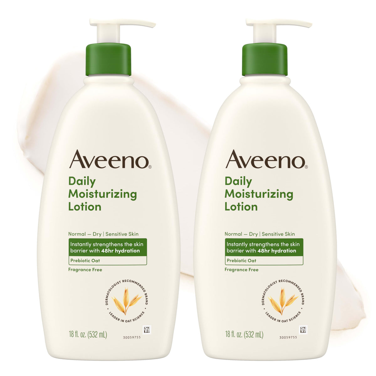 Aveeno front packaging showing two 18oz bottles and value pack benefit