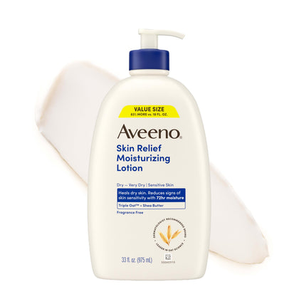 Aveeno front packaging 33oz showing product and benefit of long-lasting hydration