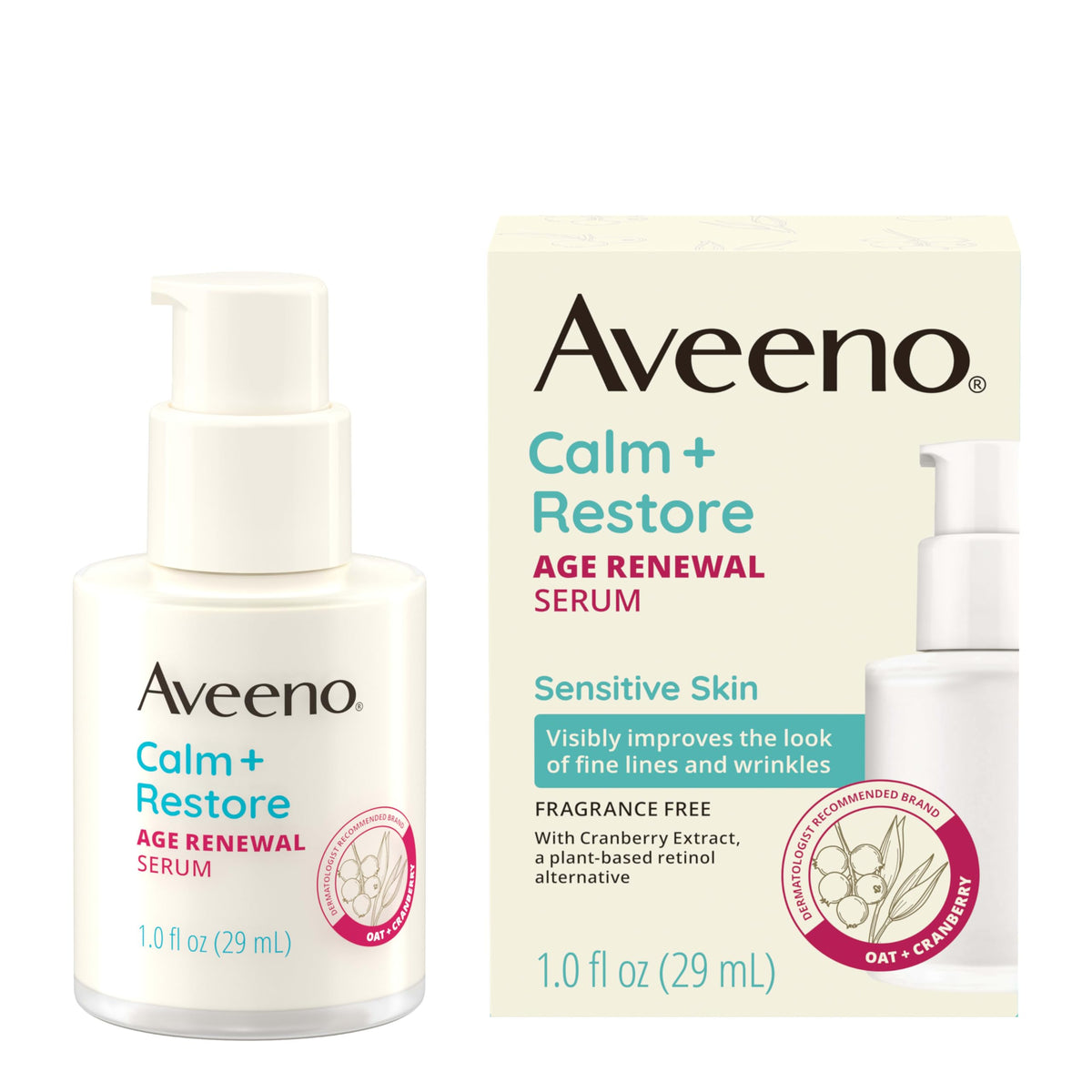 Aveeno front packaging showing age renewal serum and calming benefits