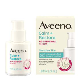 Aveeno front packaging showing age renewal serum and calming benefits
