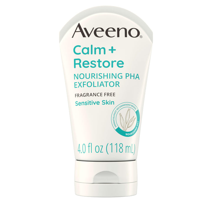 Aveeno front packaging showing calming exfoliator and clear benefits