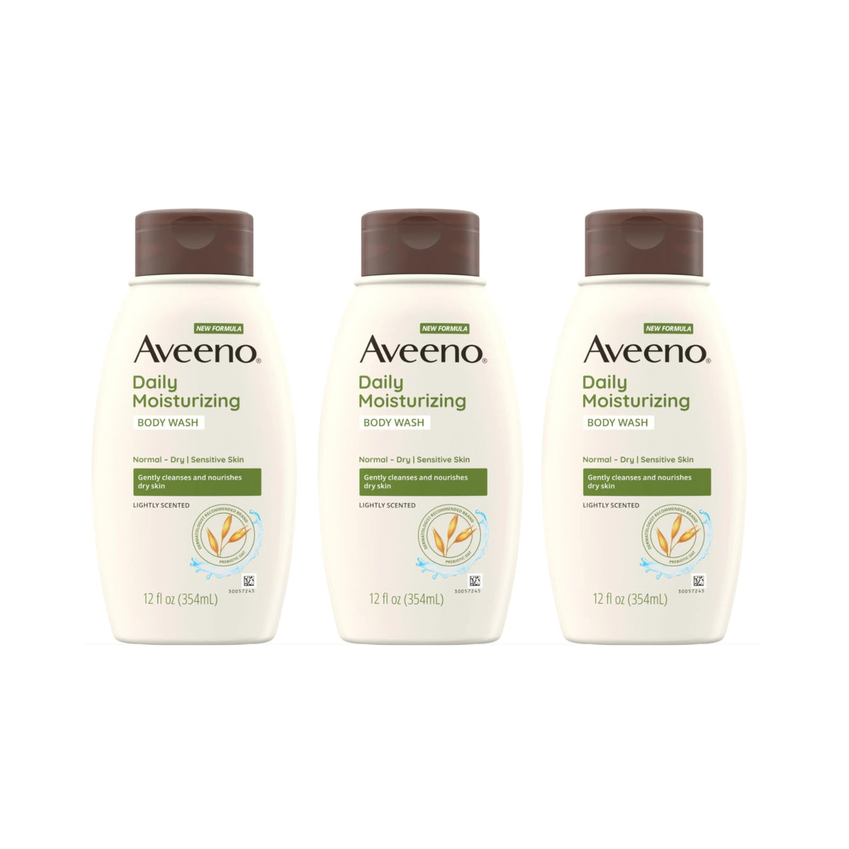 Aveeno front packaging showing three bottles and product benefit