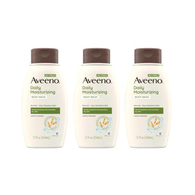 Aveeno front packaging showing three bottles and product benefit