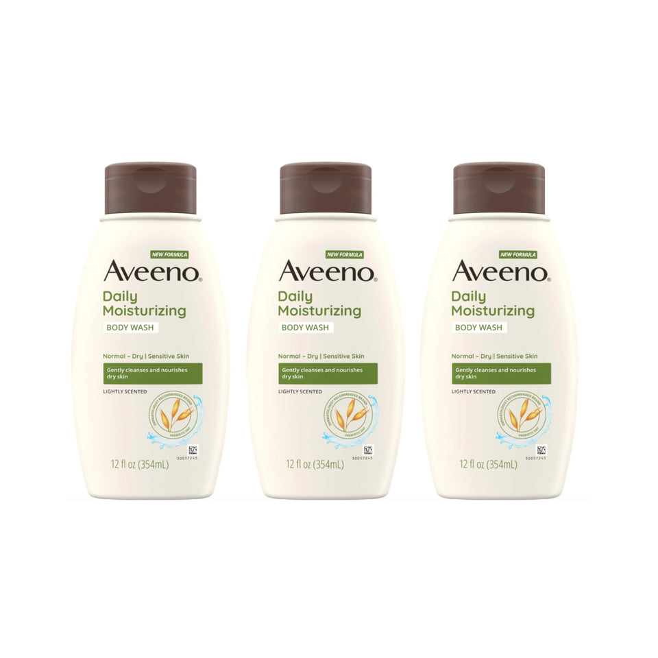 Aveeno front packaging showing three bottles and product benefit