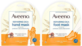 Aveeno front packaging showing hand and foot masks and benefits