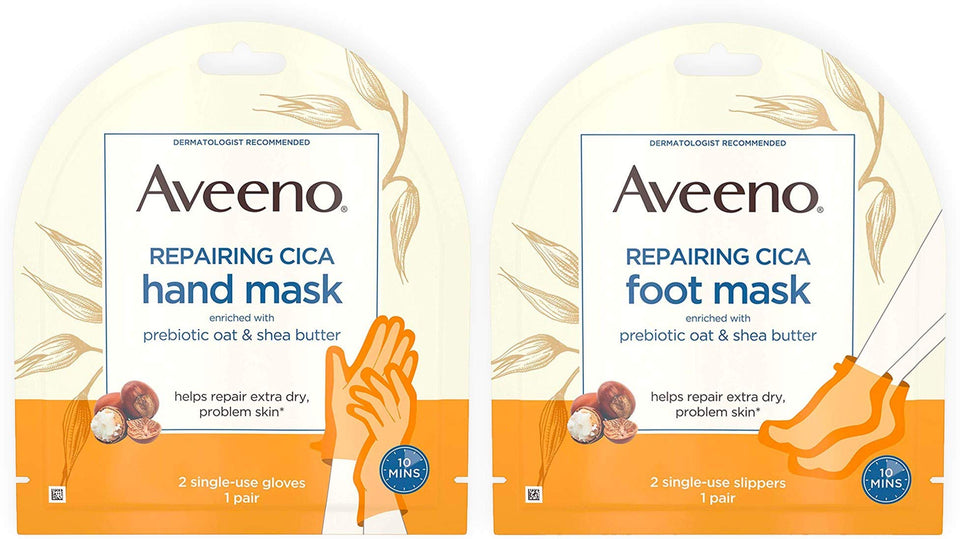 Aveeno front packaging showing hand and foot masks and benefits