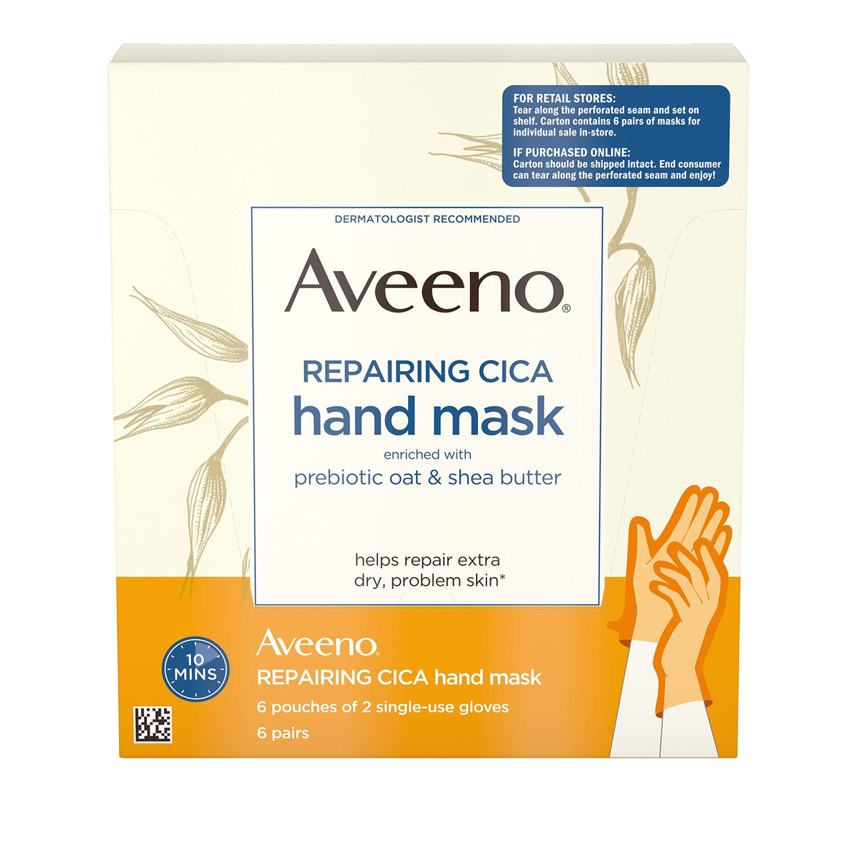 Aveeno front packaging showing Repairing CICA Hand Mask benefits
