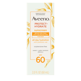 Aveeno front packaging showing SPF 60 and travel tube, clear protection benefit