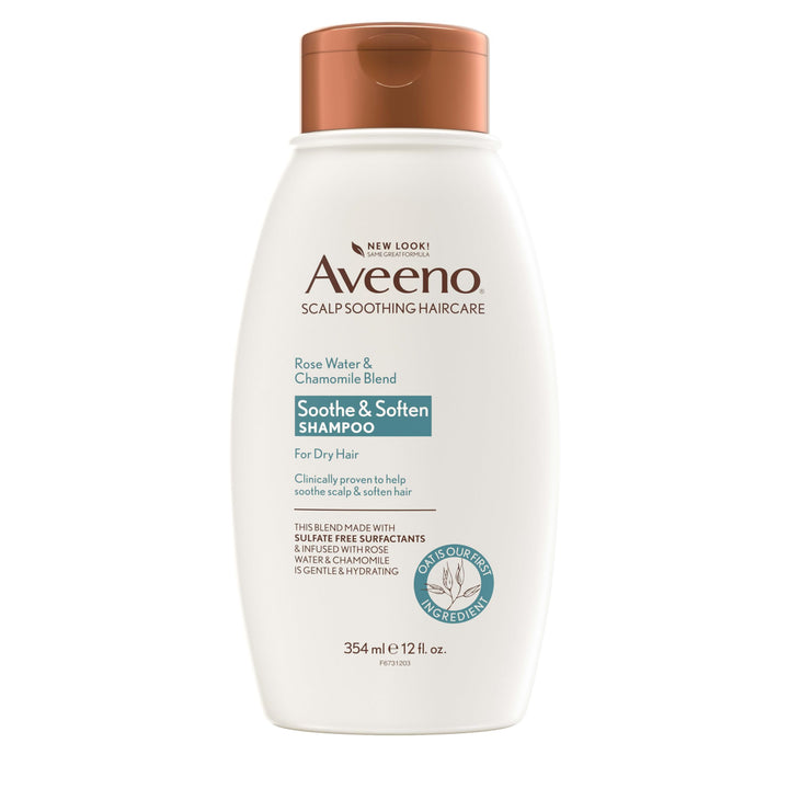 Aveeno bottle front packaging showing rose water chamomile benefits