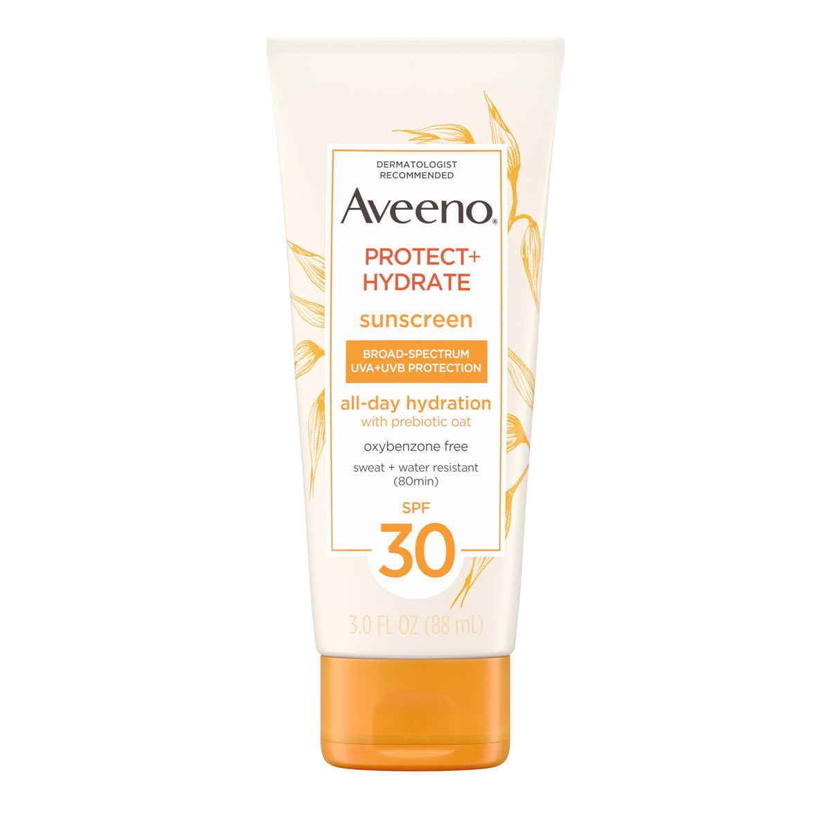 Aveeno front packaging SPF 30 showing clear travel bottle and label benefit