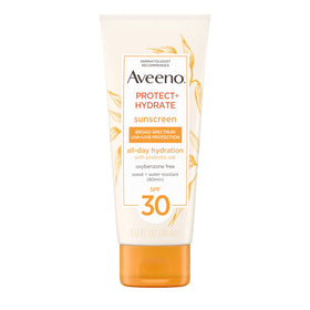 Aveeno front packaging SPF 30 showing clear travel bottle and label benefit