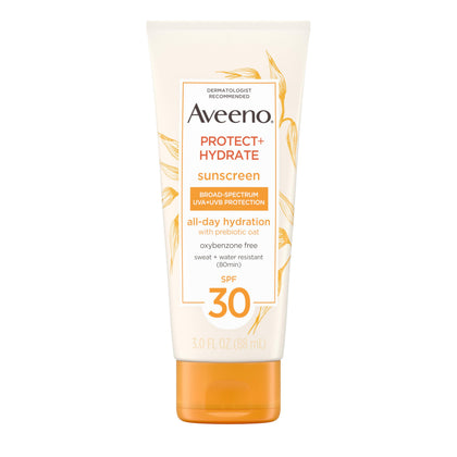 Aveeno front packaging SPF 30 showing clear travel bottle and label benefit