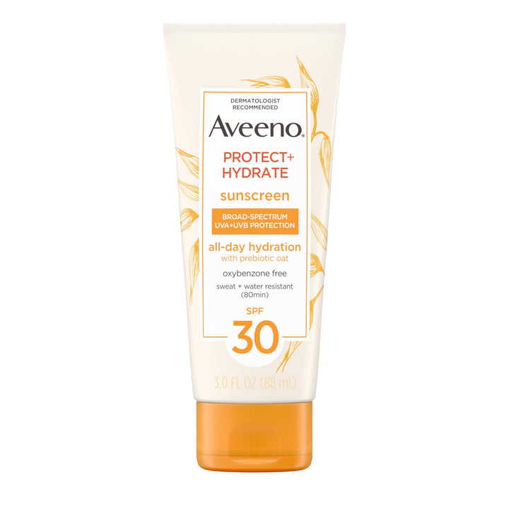Aveeno front packaging SPF 30 showing clear travel bottle and label benefit