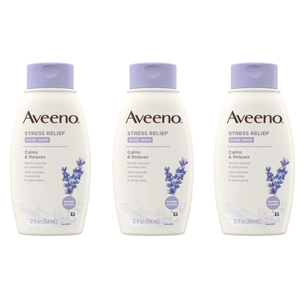 Aveeno front packaging showing bottle trio and calming lavender scent for reassurance