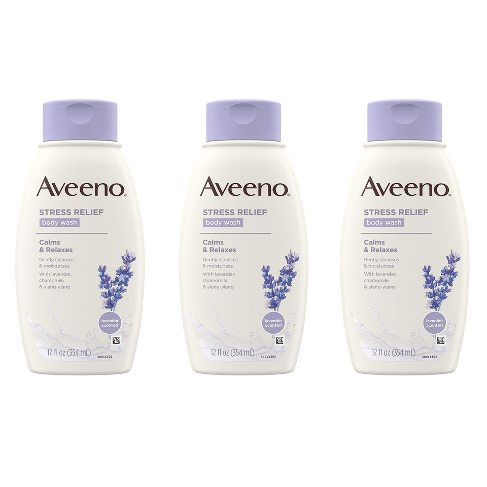 Aveeno front packaging showing bottle trio and calming lavender scent for reassurance
