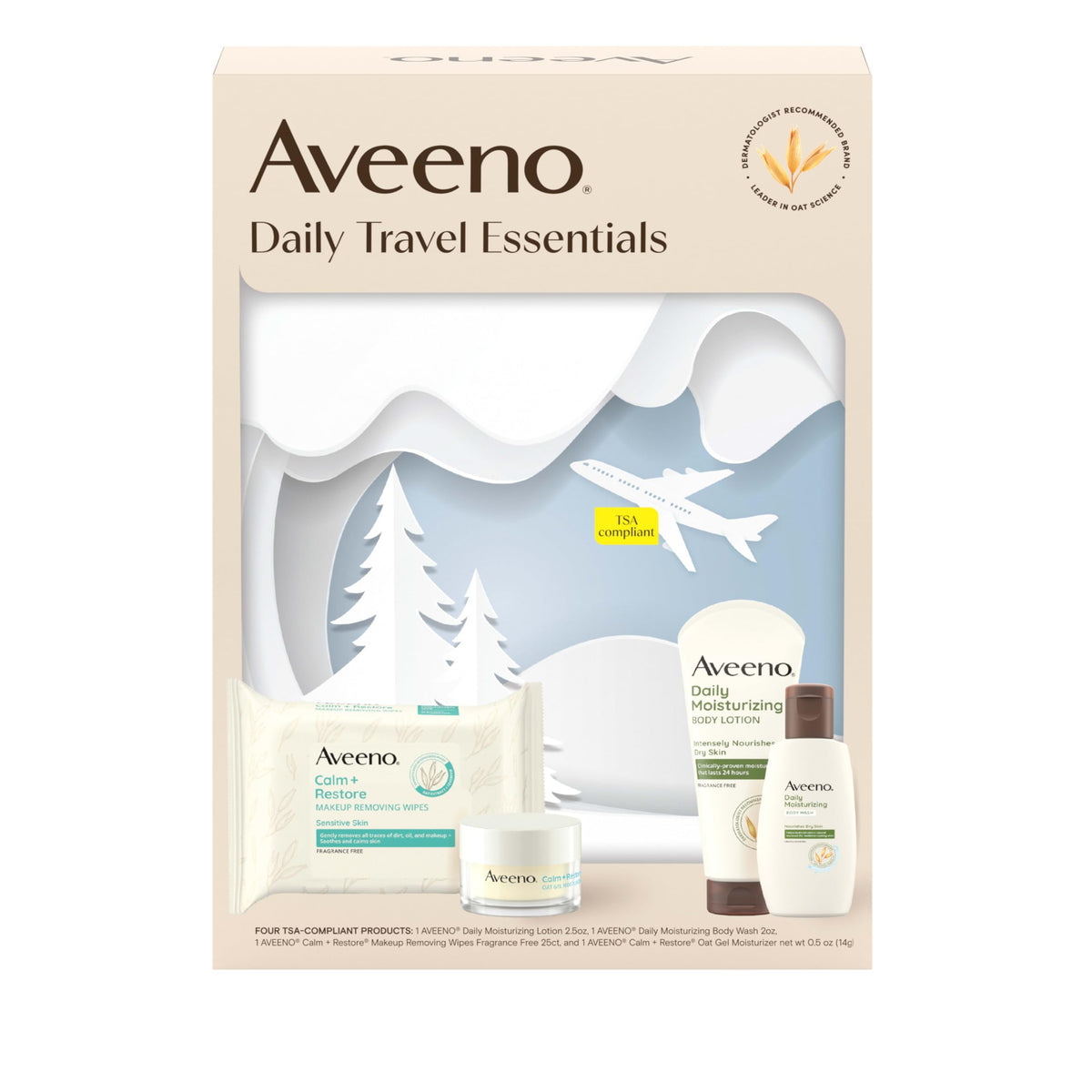Aveeno front packaging showing the four-piece travel kit and benefits