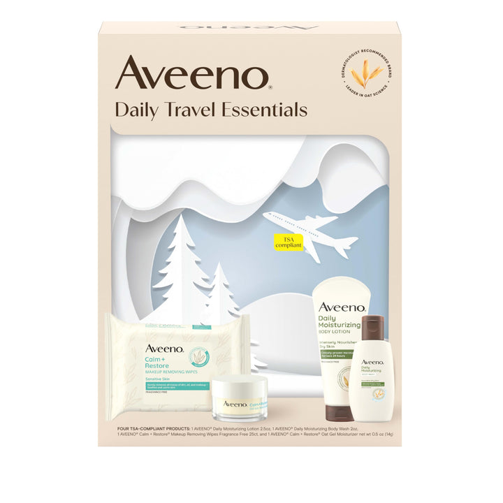 Aveeno front packaging showing the four-piece travel kit and benefits