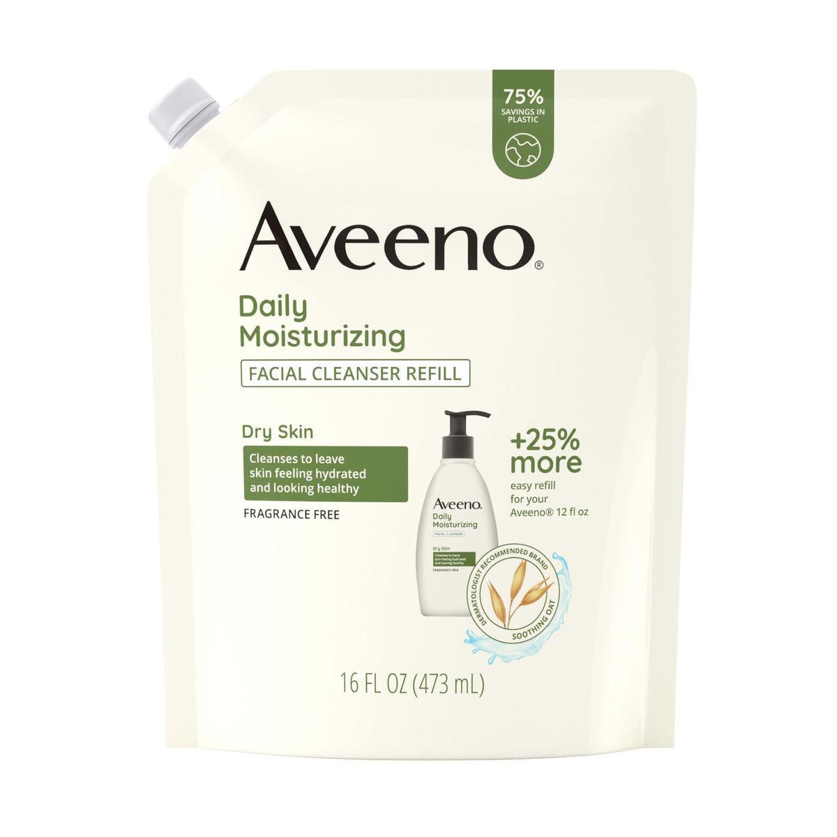 Aveeno front pouch shows product branding and benefits for gentle cleansing
