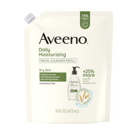Aveeno front pouch shows product branding and benefits for gentle cleansing