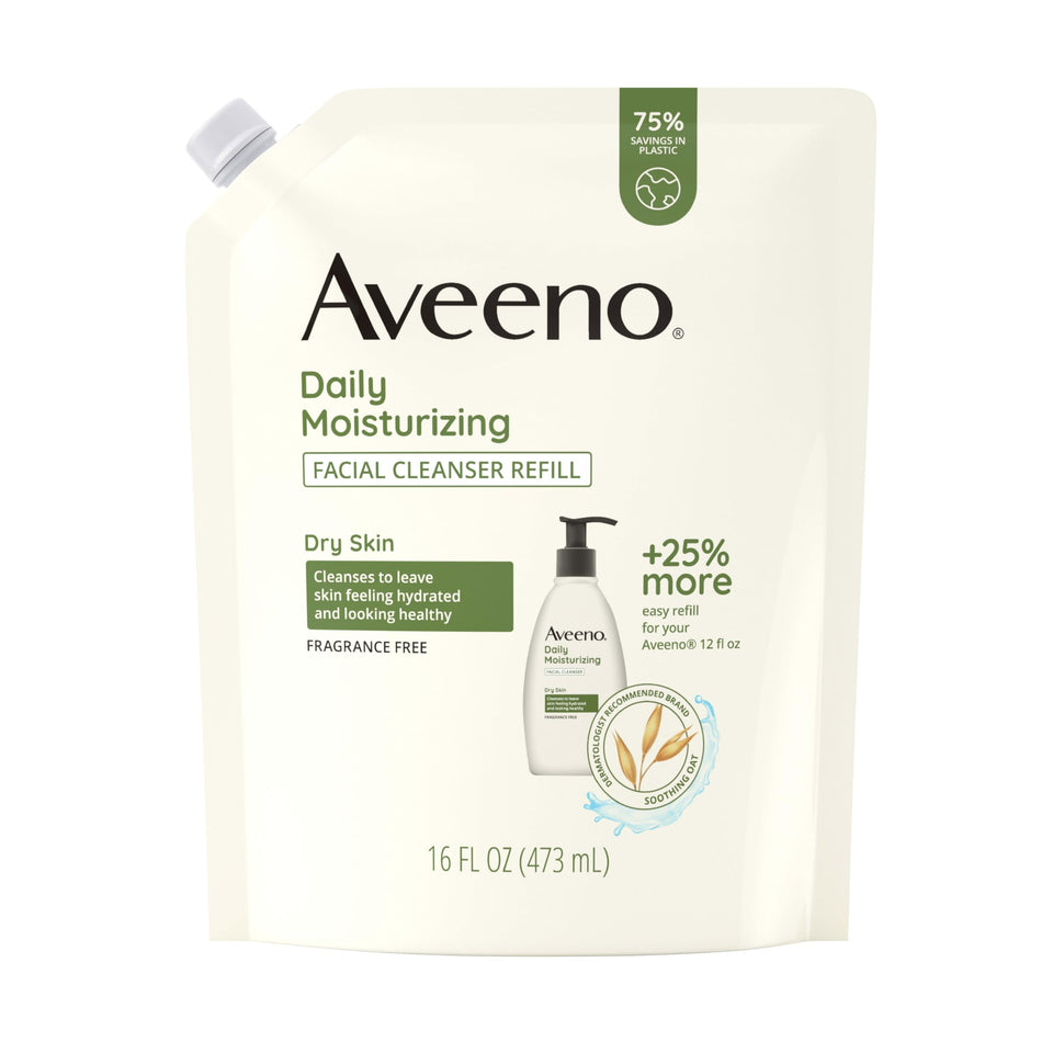Aveeno front pouch shows product branding and benefits for gentle cleansing